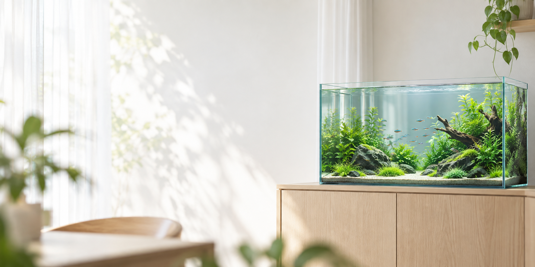 明るい室内に置かれた水草水槽のイメージ。商品は写っていません。